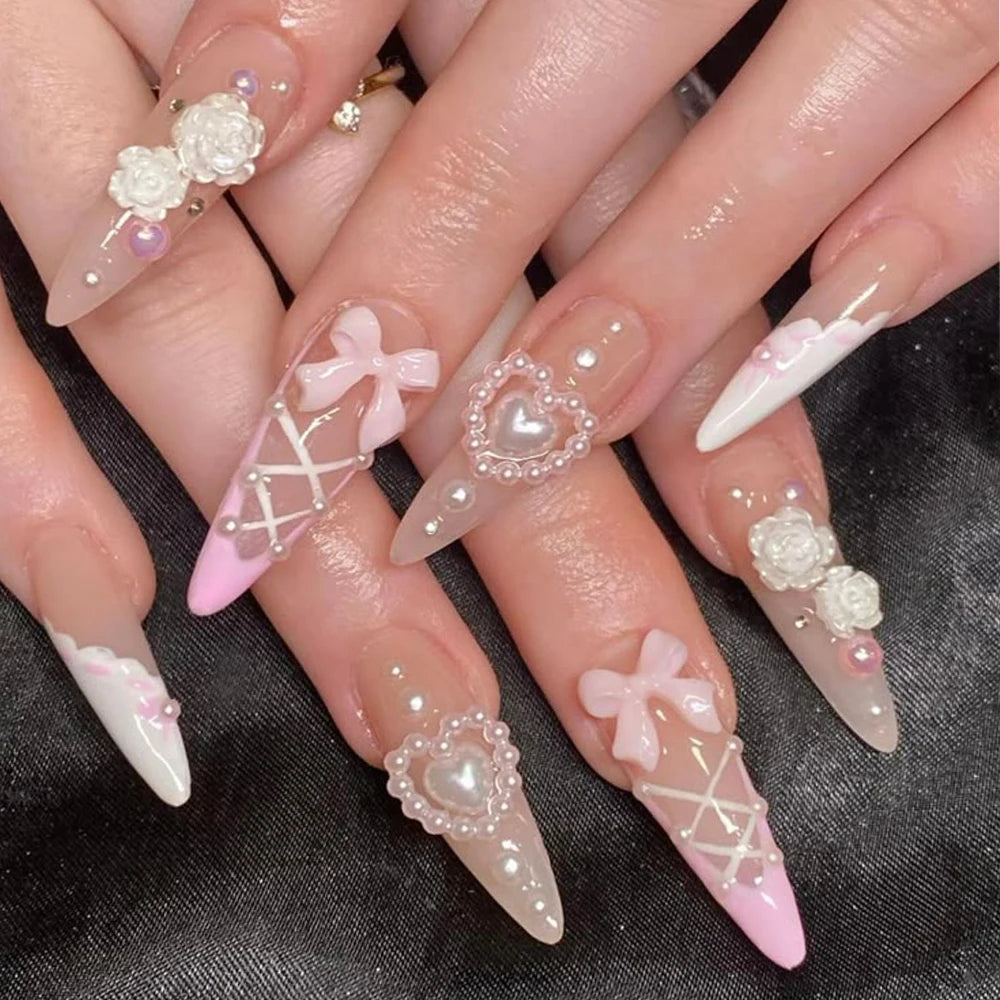 50pcs 3D Kawaii Pink Bow Pearl Nail Rhinestone Mixed Resin Star Moon Heart Flower Gems Nail Charms Y2K Bowknot Nail Art Decorati