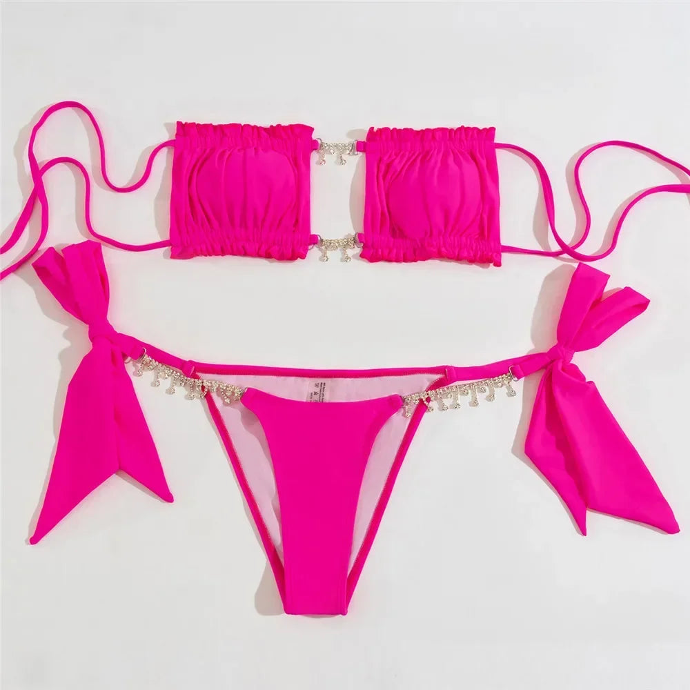 Rhinestone Chain Micro Thong Bikini