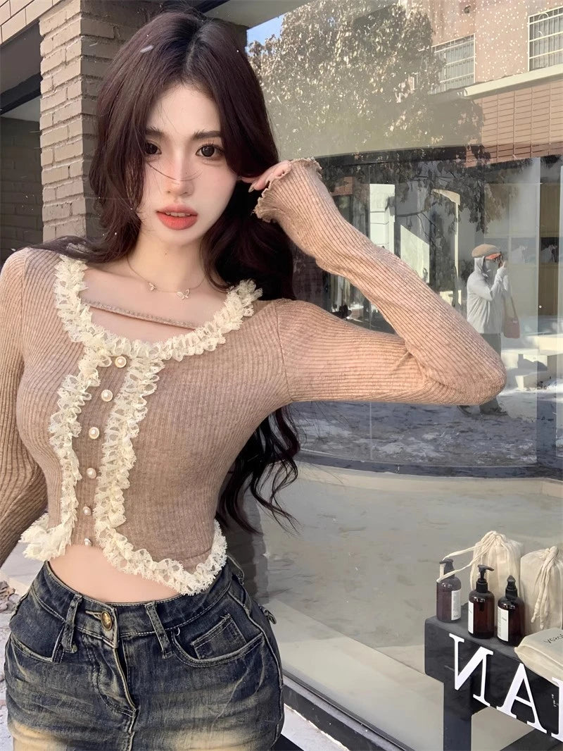 Square Collar Lace Basic Crop Top