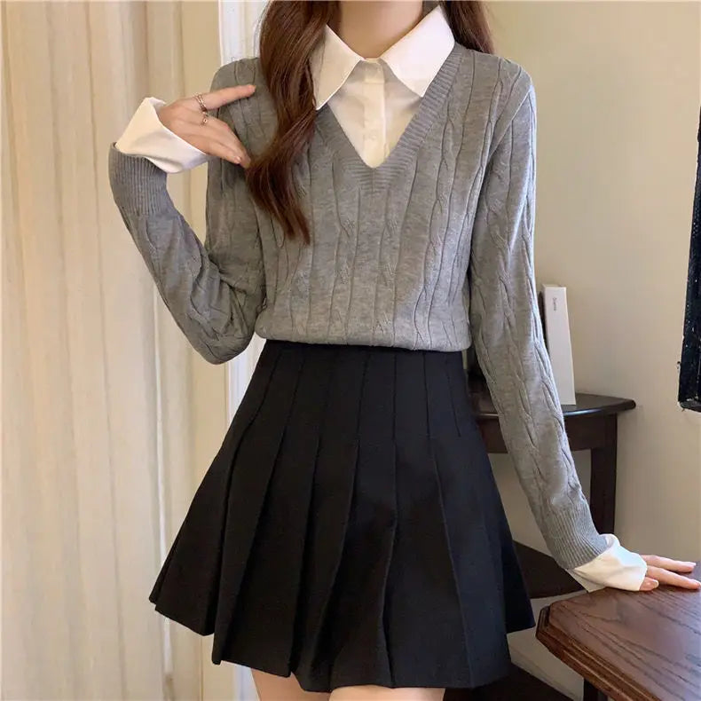 Fake Two Shirts, Knitted Sweater Women's Autumn/winter New Item Shirt Collar Niche Sweater Long Sleeved Top Inner Layer as Base