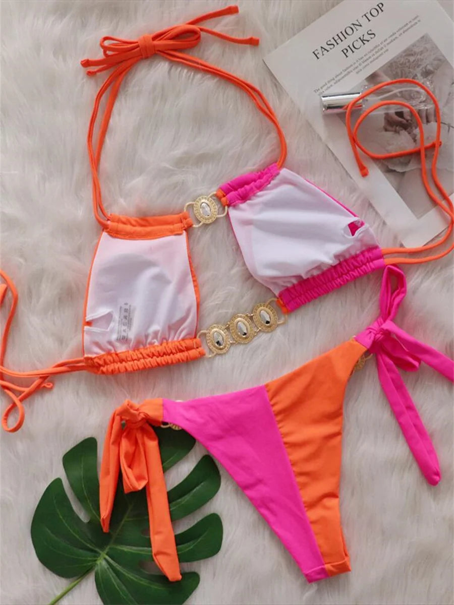 Rhinestones Splicing Bikini Set