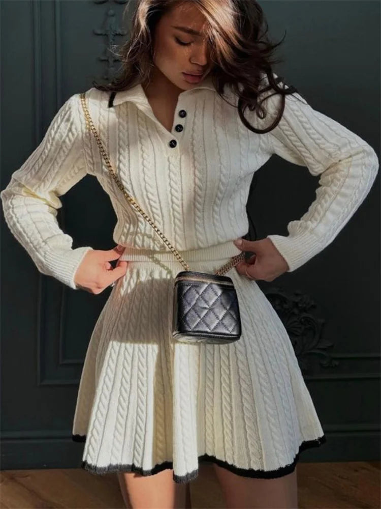 Patchwork Contrast Long Sleeve Lapel Pullover And High Waist Mini Skirt Outfit