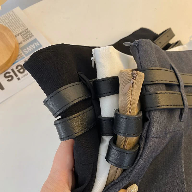 Double Belt Pleated Skirt