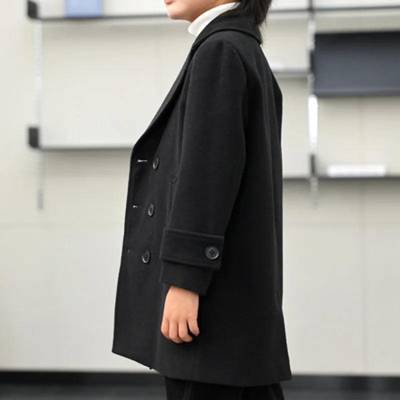 Boys Autumn Winter Double-breasted Coat Kids Solid Woolen Jacket Children Outerwear Toddler Teenager Overcoat 6 8 10 12 14 Years