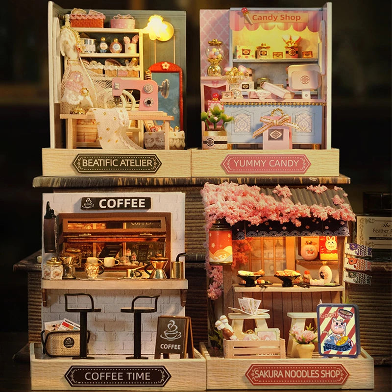 Wooden Miniature Doll House DIY Handmade Assembly Model Building Kit With Dust Cover