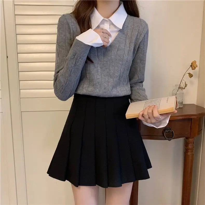Fake Two Shirts, Knitted Sweater Women's Autumn/winter New Item Shirt Collar Niche Sweater Long Sleeved Top Inner Layer as Base