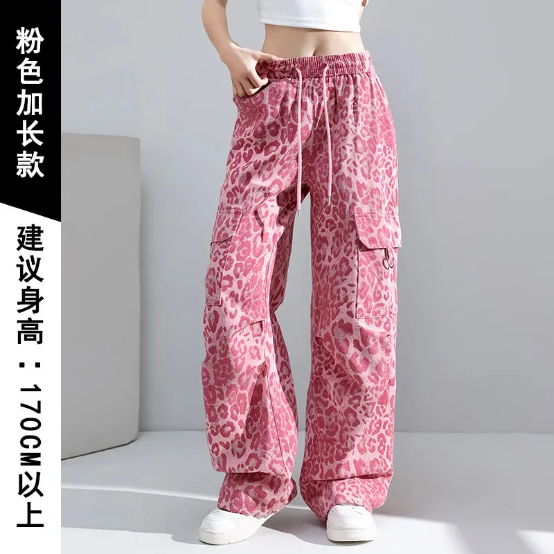 Women's Casual Pants Fall Fashion Pink Leopard Print Straight Leg Jazz Dance Workwear Trousers with Pockets American Style