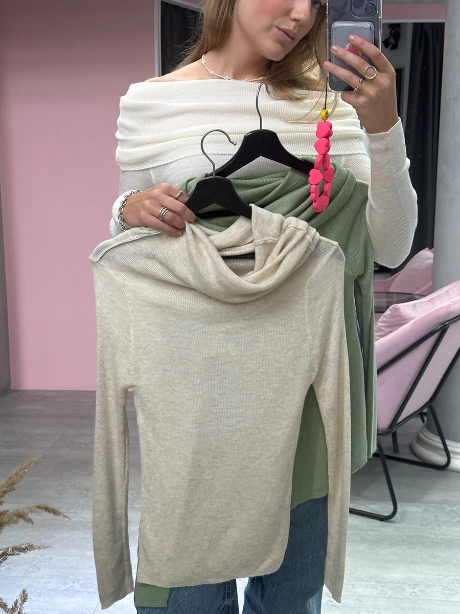 Women Knitted Wool T-shirt Slim Fit Long Sleeve Autumn Winter Chic Off Shoulder Basic Sweater Streetwear Pullovers