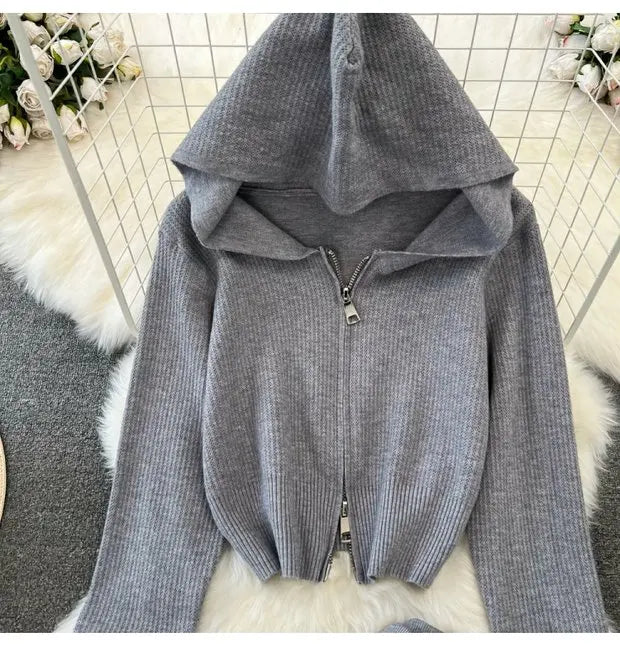 Zipper Hooded Slim Fit Knitted Sweatshirt Set