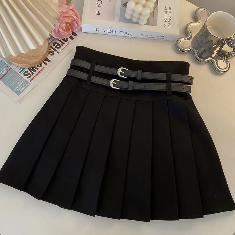 Double Belt Pleated Skirt