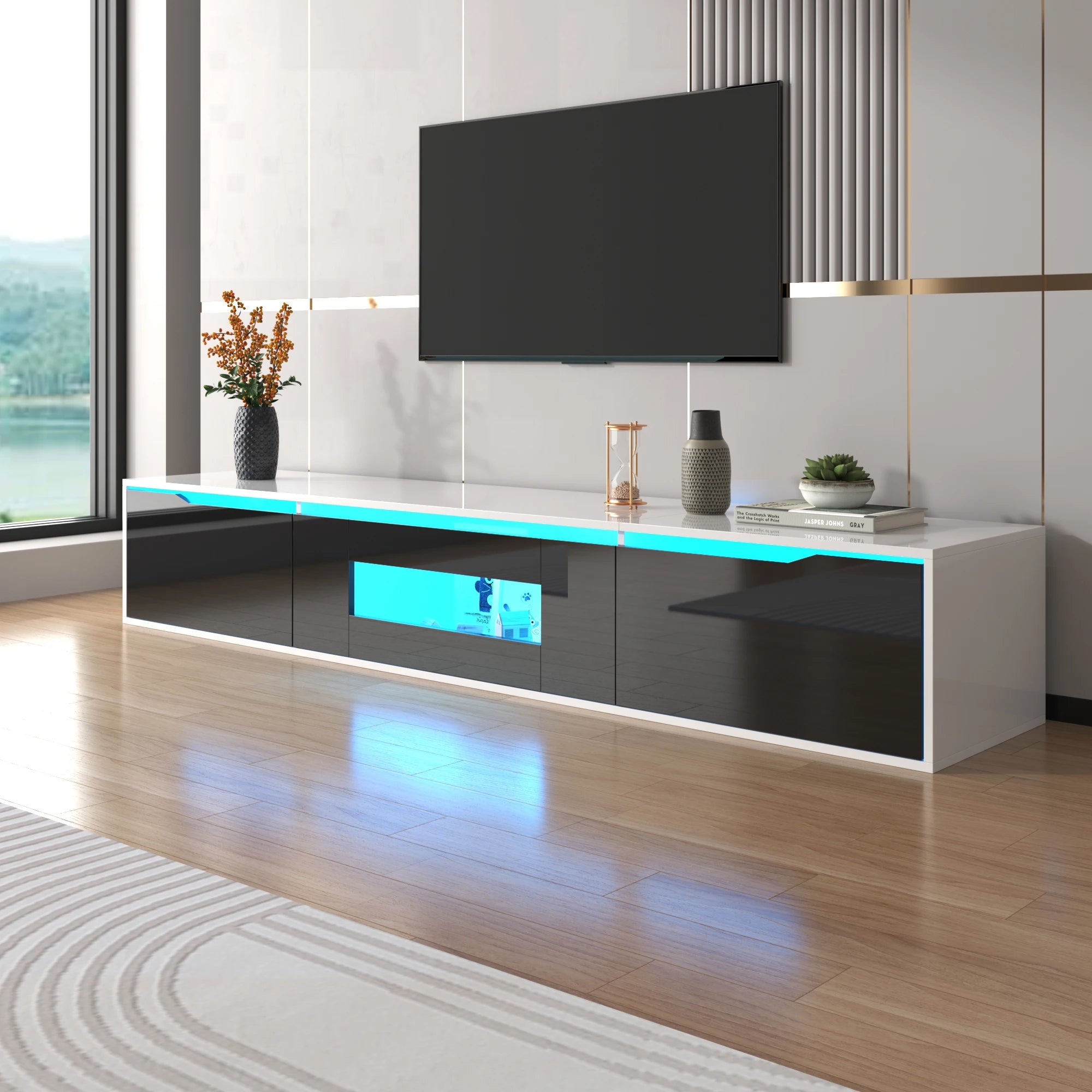 Anajqaqia 180×30×35 cm TV Cabinet, High GlossTV Stands, Modern TV Cabinet with Color Changing LED Lighting and Storage Space