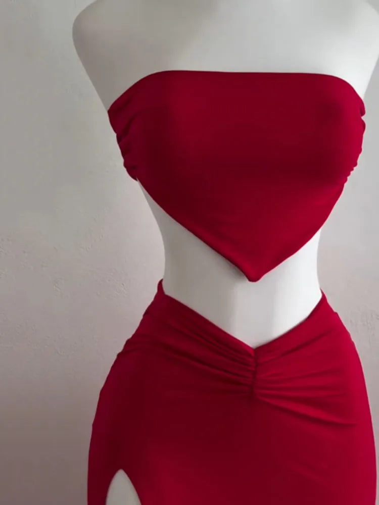 Strapless Backless Crop Top High Waist Skirt 2 Piece Set