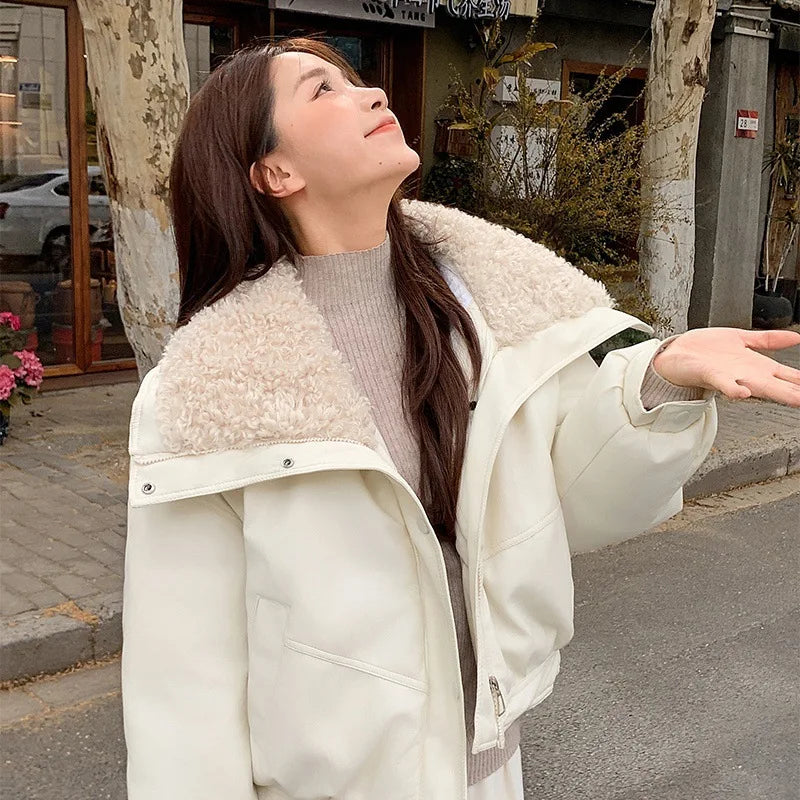 Fleece Thicken Warm Short Shearling PU Leather Jacket