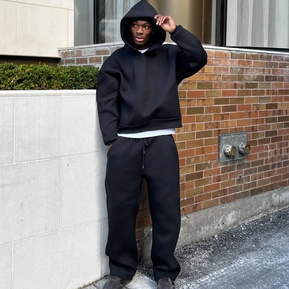 Simple Hoodie Solid Color Loose Sweatshirt Sweatpants Set