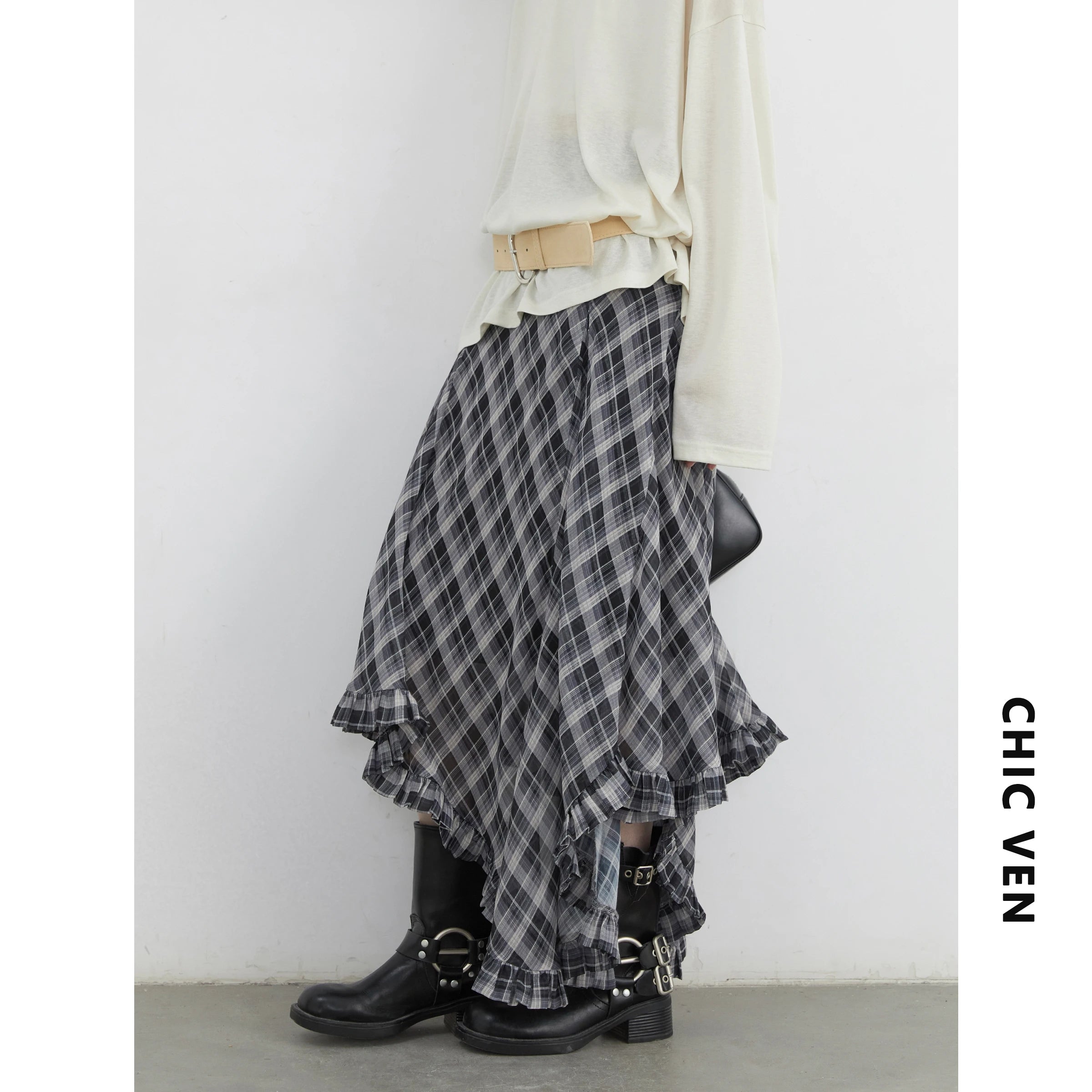A-Line Vintage Irregular Plaid Skirt