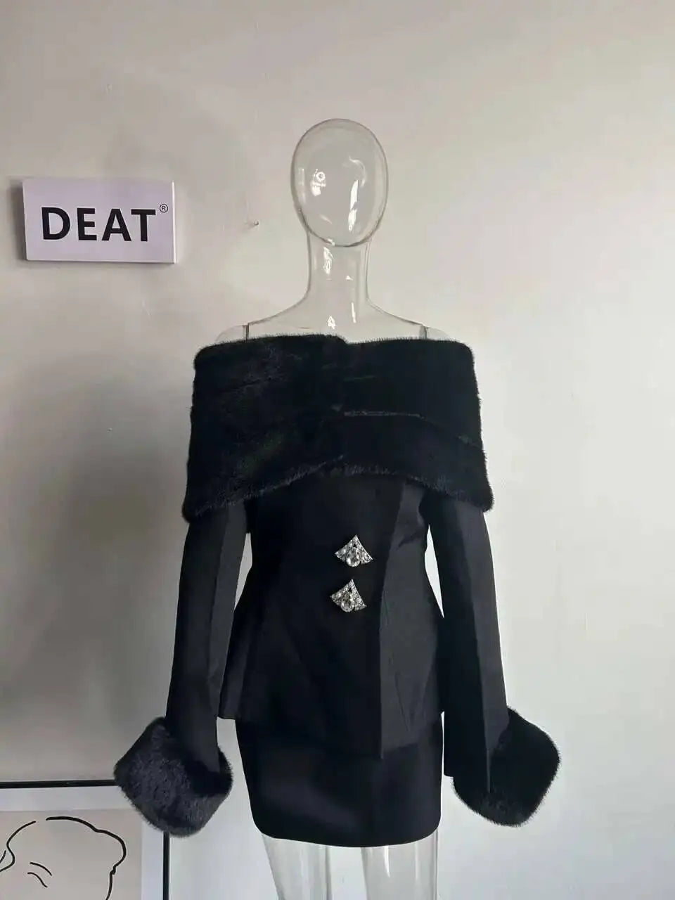 2 Pcs Set Off Shoulder Removable Shawl Diamond Button Top Hip Wrap Skirt