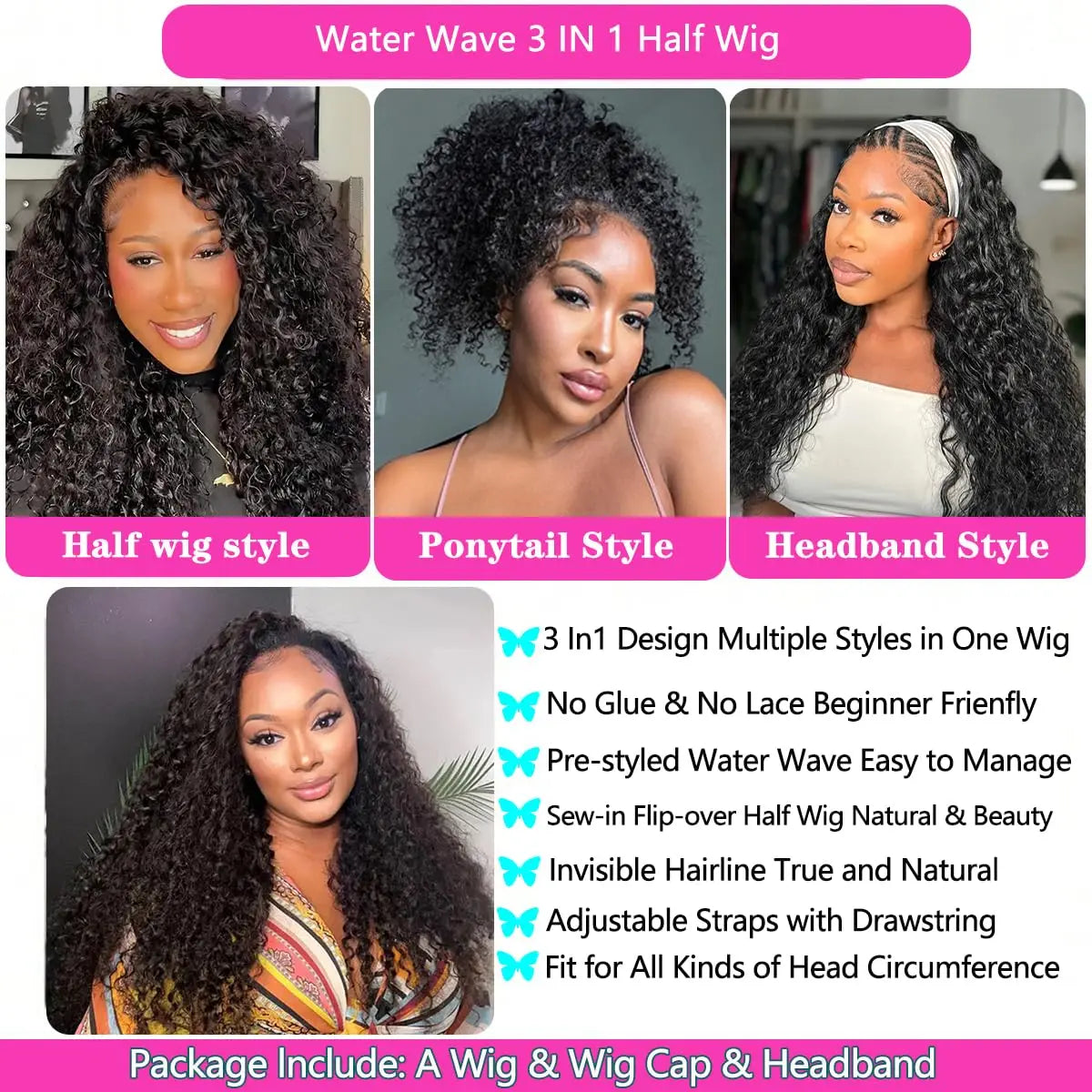 Water Wave 3 IN 1 Half Wig