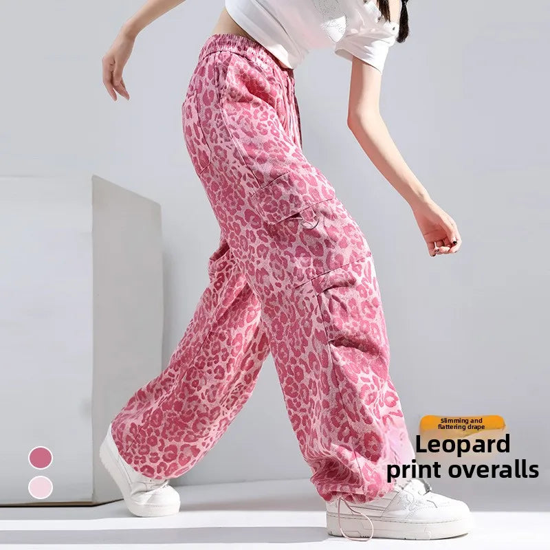 Women's Casual Pants Fall Fashion Pink Leopard Print Straight Leg Jazz Dance Workwear Trousers with Pockets American Style