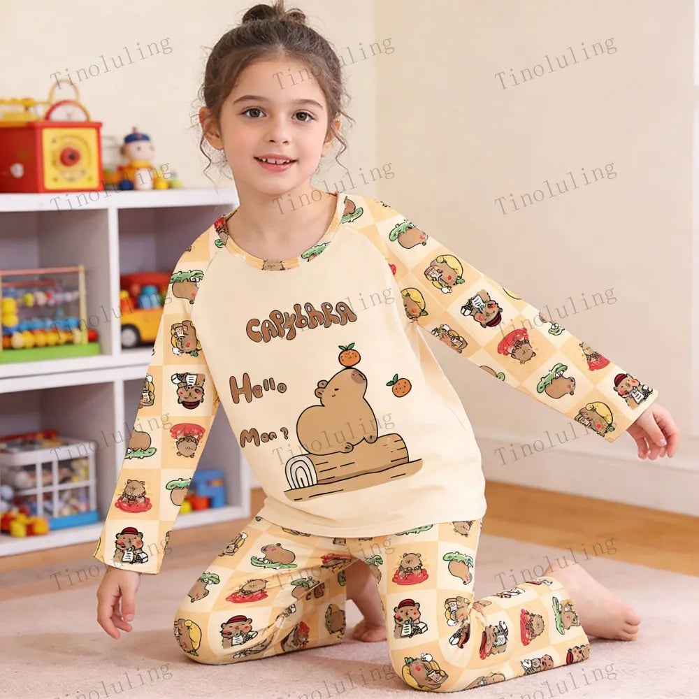 2PC/Set Boys Pajamas Sets Kids Pjs Toddler 3 to 4 5 6 7 8 9 10 11 12 Years Long Sleeve Capybara Funny Pijamas Children Clothing