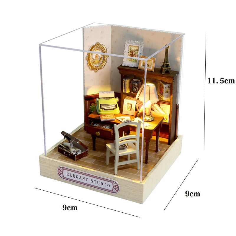 Wooden Miniature Doll House DIY Handmade Assembly Model Building Kit With Dust Cover
