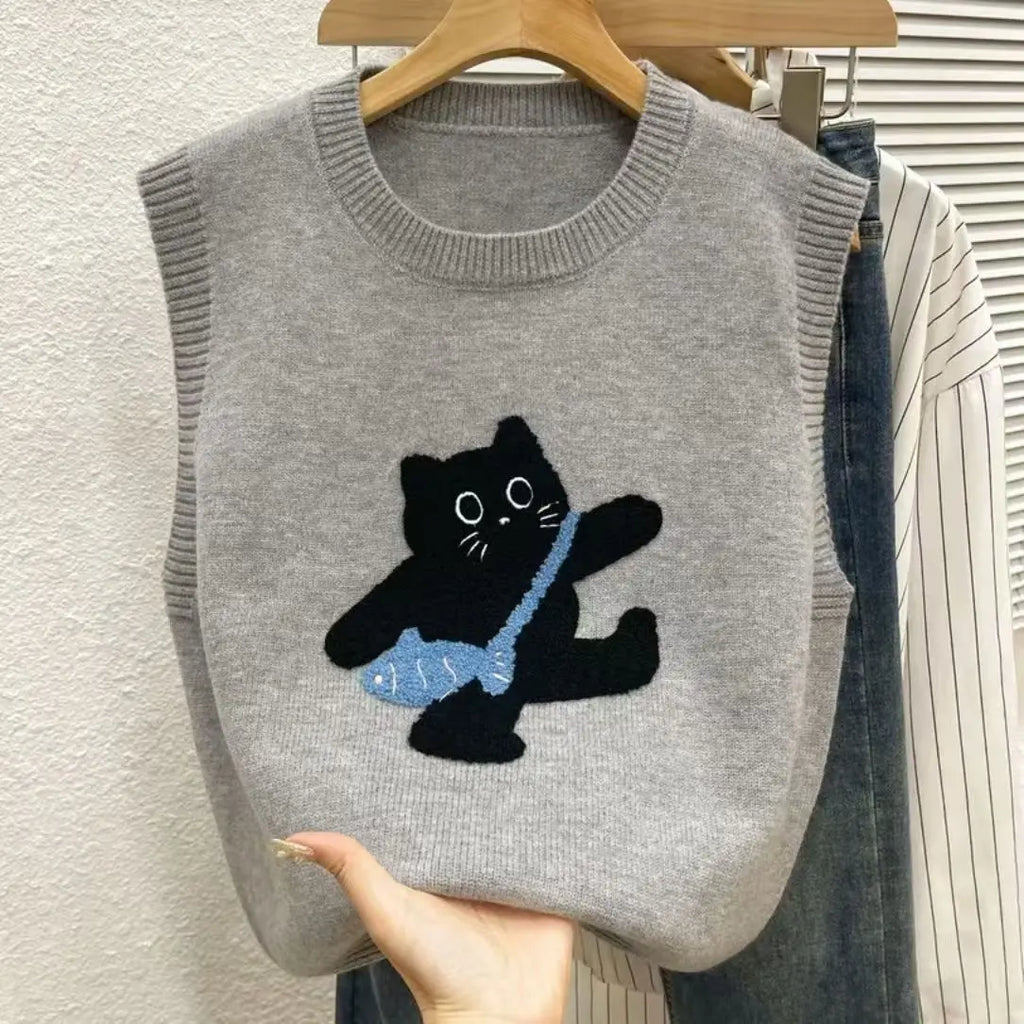 Cartoon Cat Jacquard Preppy Style Sweater Vest
