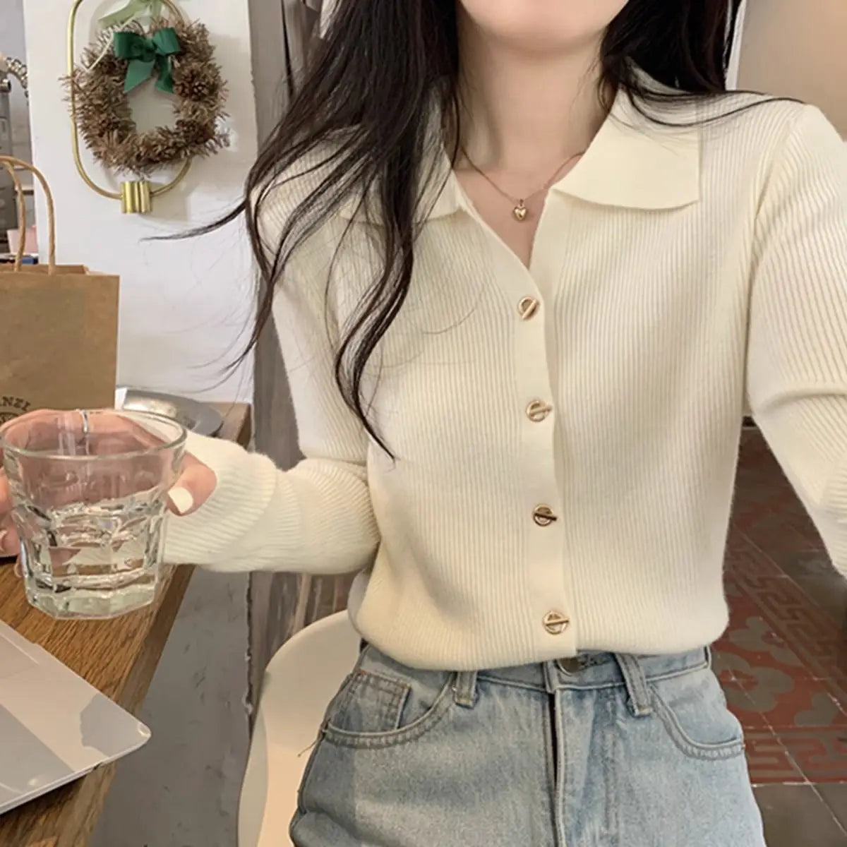 Autumn Elegant Fashion Solid Knit Cardigan Women Clothing Chic Turn-down Collar Long Sleeve Sweater All-match Elegant Button Top