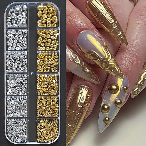 1 Box Half Round Flatback Nail Rhinestones Multi Size Gold& Silver Metal Pearls Caviar Nail Art Decorations Flat Back Gold Beads