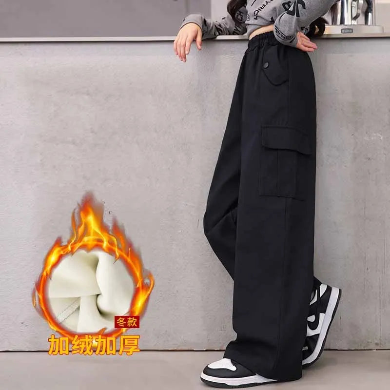 Girls Padded Cargo Pants Children Winter Fleece Trousers Kids Warm Casual Loose Clothes Teenager Autumn Fashion Wide-leg Pants