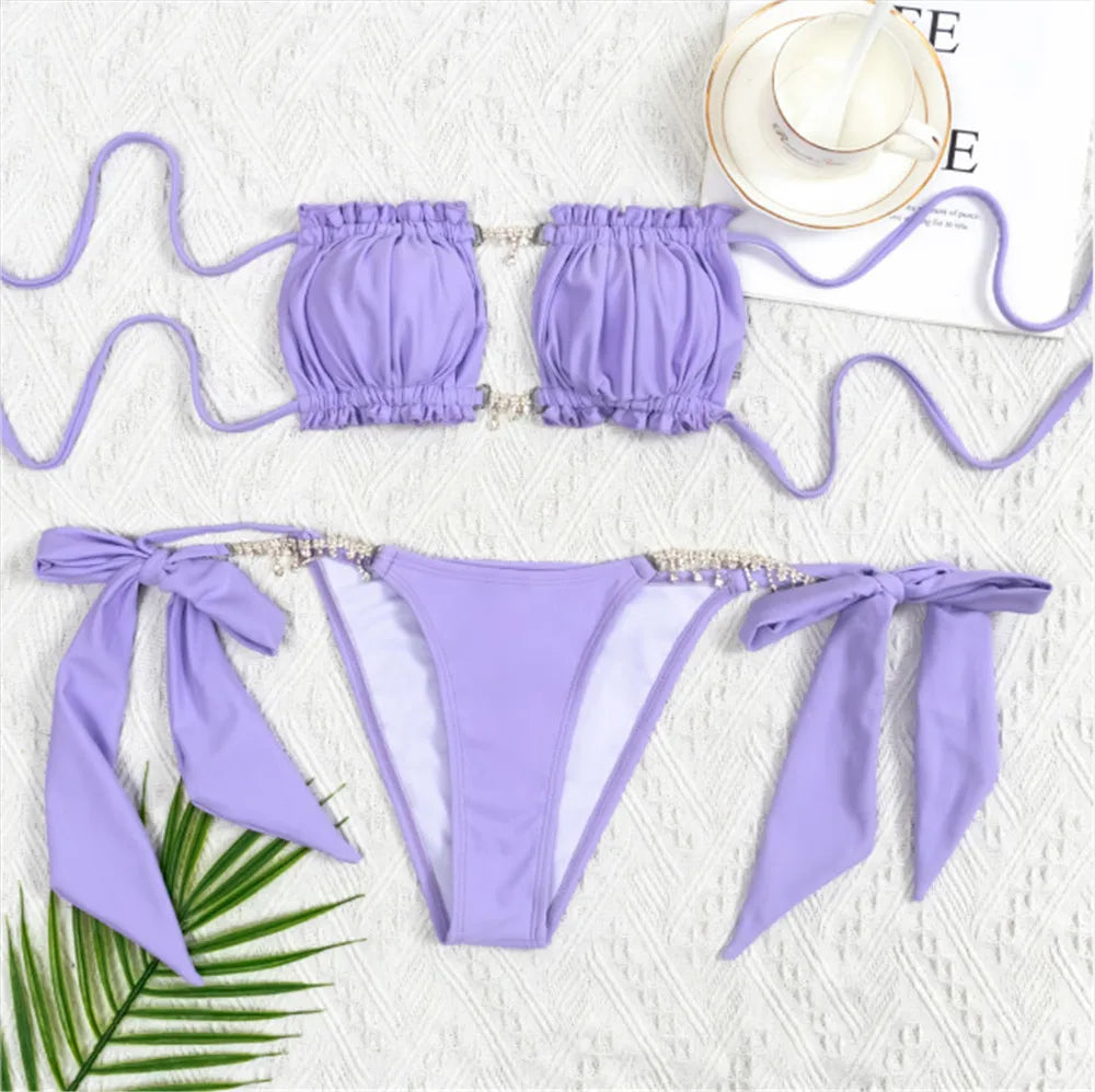 Rhinestone Chain Micro Thong Bikini