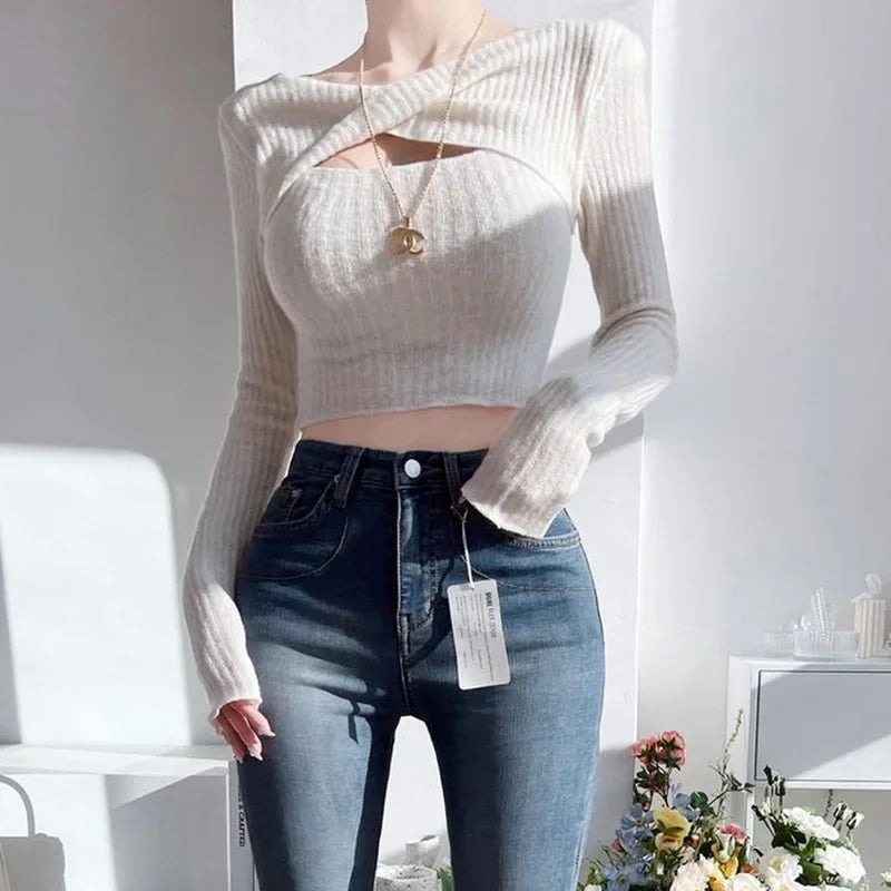 Hollow Out Sexy Long Sleeve Top for Women Spring Mesh Red Short Fitting Knit Sweater  Winter Thin Tops Sweet E8FH