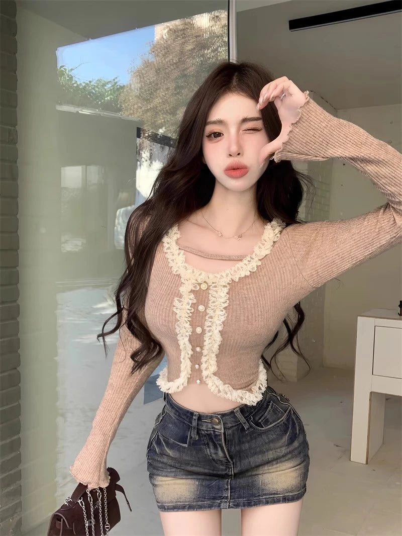 Square Collar Lace Basic Crop Top