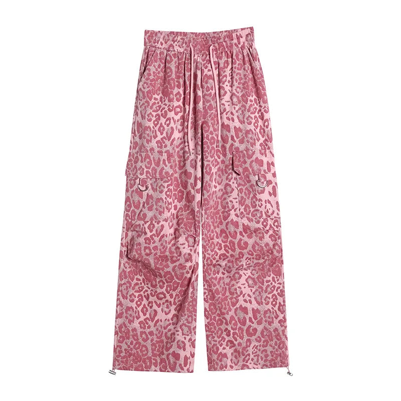Women's Casual Pants Fall Fashion Pink Leopard Print Straight Leg Jazz Dance Workwear Trousers with Pockets American Style