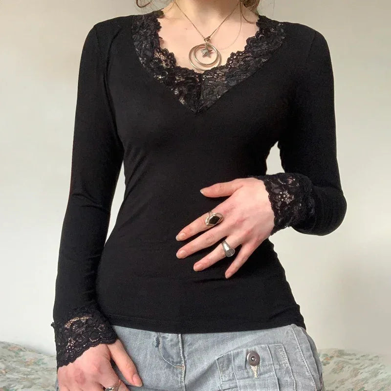 Lace Patchwork Black Skinny Elegant T-Shirt