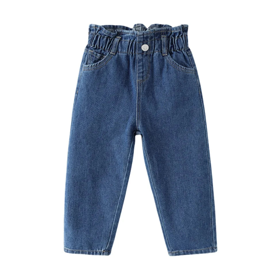 New Kid's Jeans Girls Cute Solid Color Denim Blue Pants Children High Waist Loose Trousers 1-5T