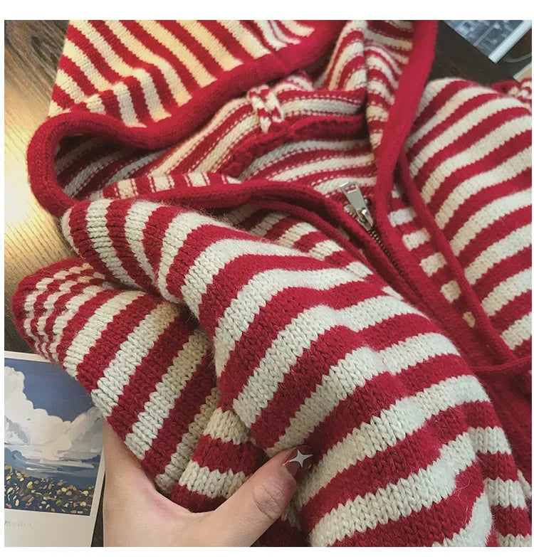 Contrast Color Stripe Hood Knit Cardigan Women Autumn and Winter New Loose Design Sense Long Sleeve Cardigan Sweater Outerwear
