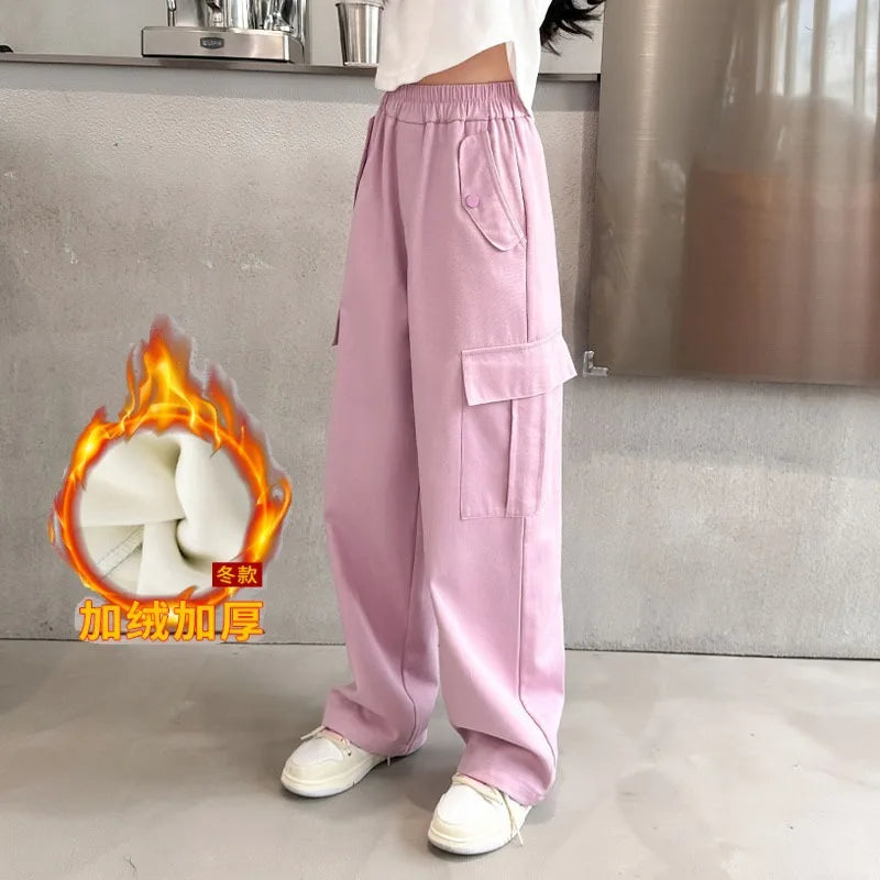 Girls Padded Cargo Pants Children Winter Fleece Trousers Kids Warm Casual Loose Clothes Teenager Autumn Fashion Wide-leg Pants