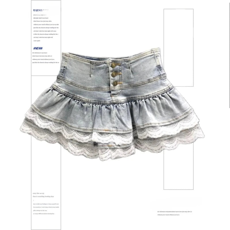 Denim Pleated Skirt Lace Fold Design A-line Short Skirt Built in Shorts