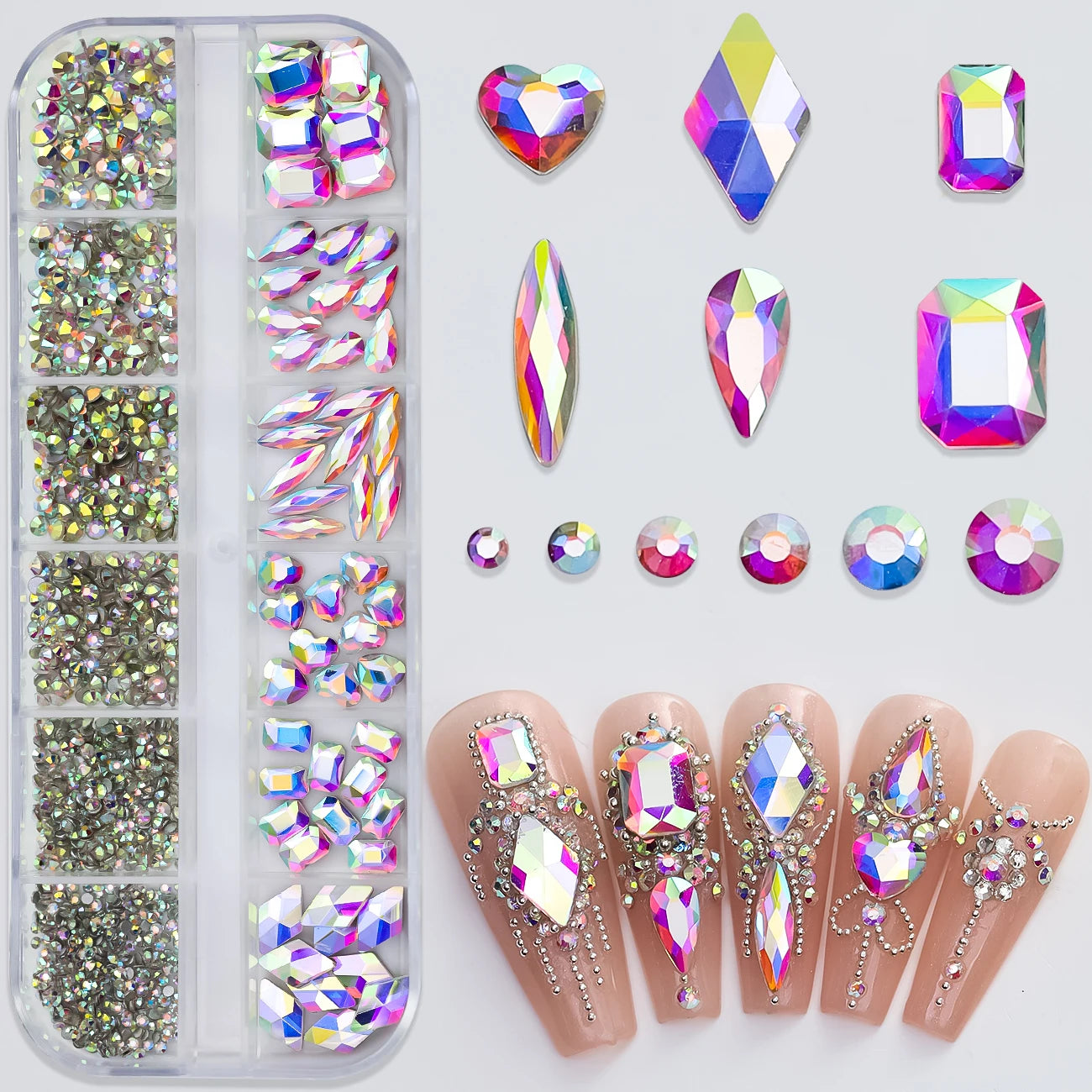 180pcs AB Flatback Glass Nail Art Rhinestones Multi-shape Mixed Diamond Gems Blue Purple Crystal Stones For DIY Nail Decoration