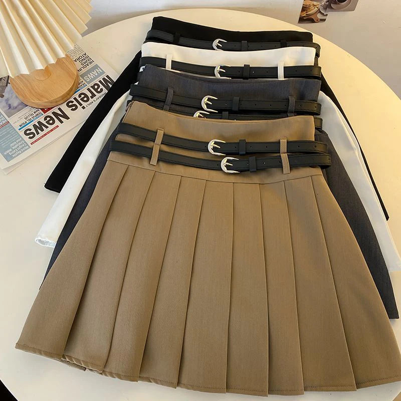 Double Belt Pleated Skirt