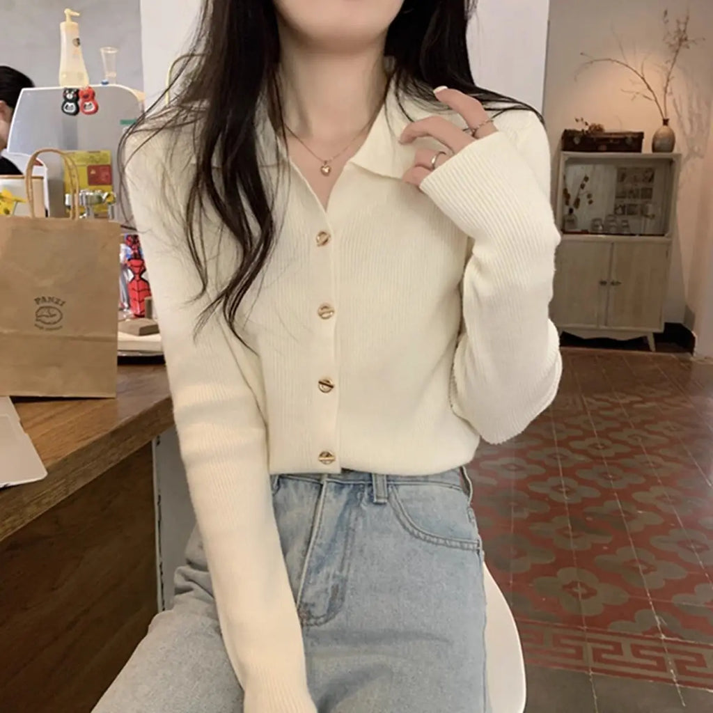 Autumn Elegant Fashion Solid Knit Cardigan Women Clothing Chic Turn-down Collar Long Sleeve Sweater All-match Elegant Button Top