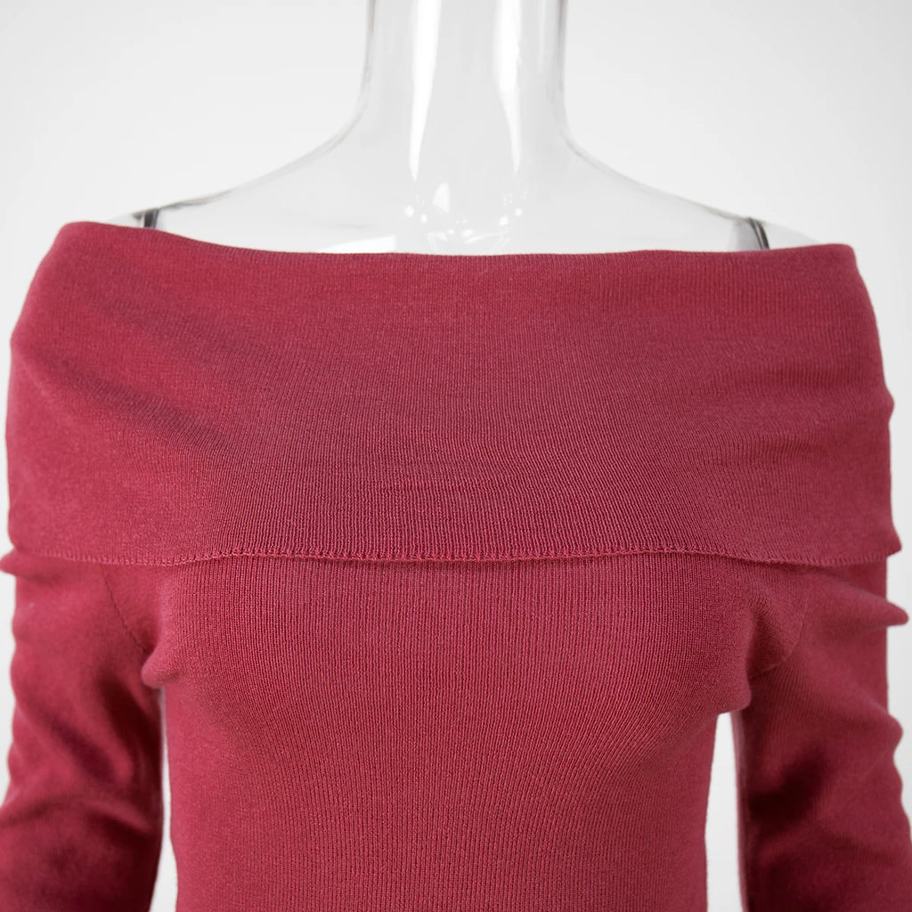Women Knitted Wool T-shirt Slim Fit Long Sleeve Autumn Winter Chic Off Shoulder Basic Sweater Streetwear Pullovers