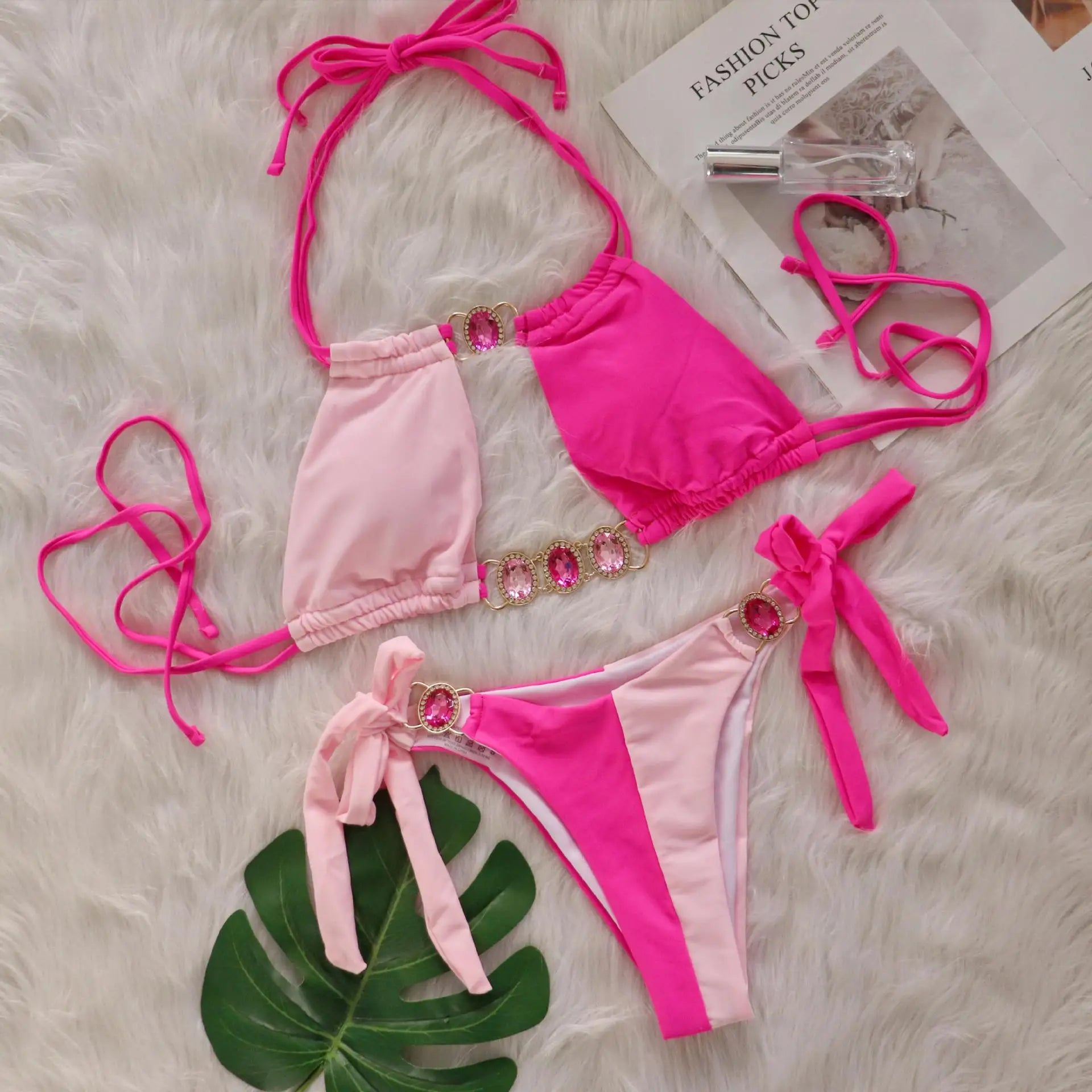 Rhinestones Splicing Bikini Set