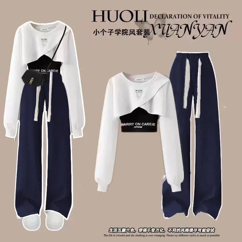 Loose Design Casual Top + Suspender + Wide Leg Pants Three Piece Set