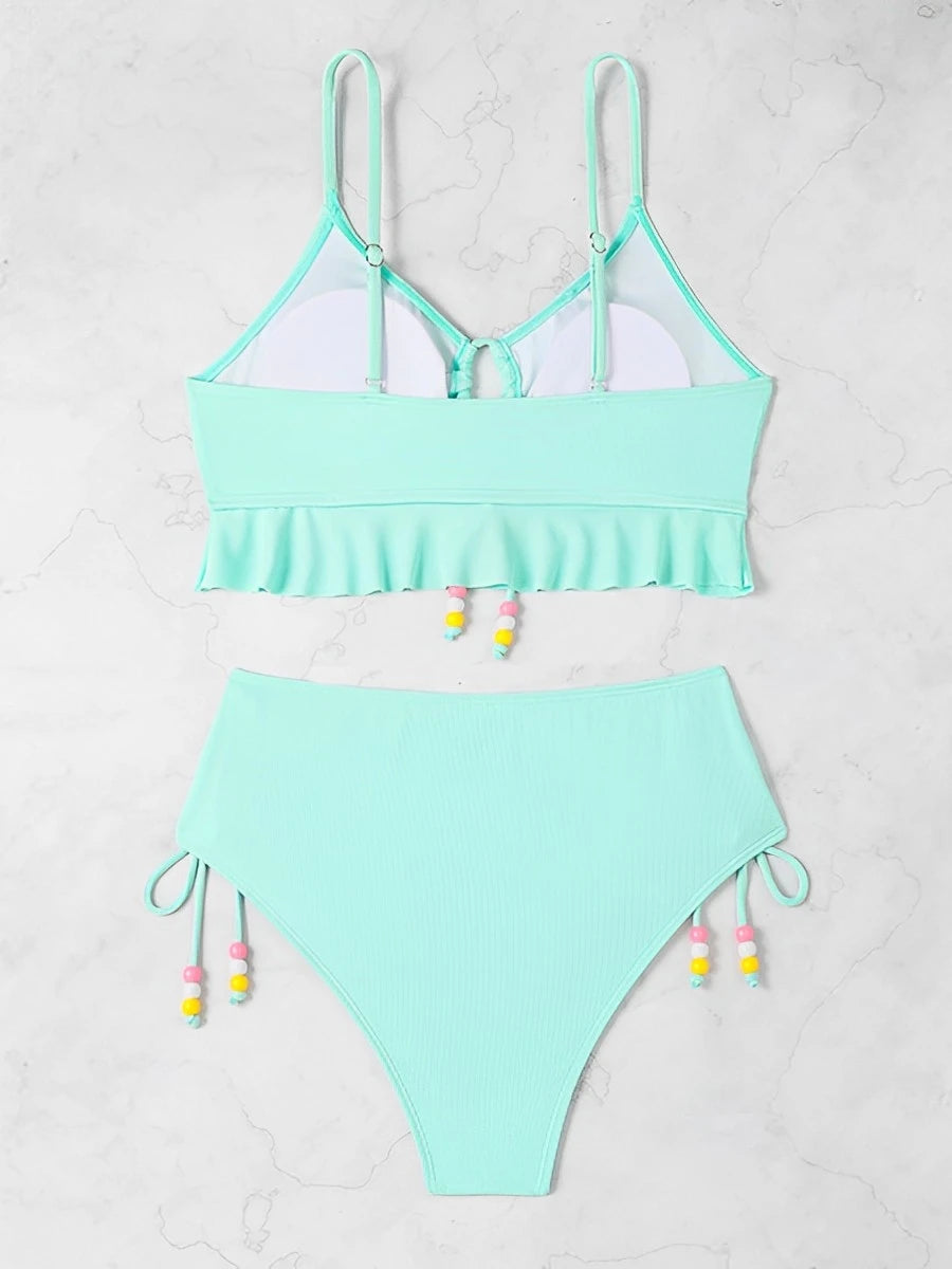 2025 High Waist Bikini Women Drawstring Swimwear Female Ruffle Swimsuit Solid Bathers Bathing Swimming Swim Suit Beachwear