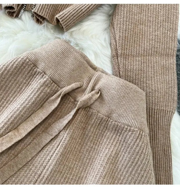 Zipper Hooded Slim Fit Knitted Sweatshirt Set