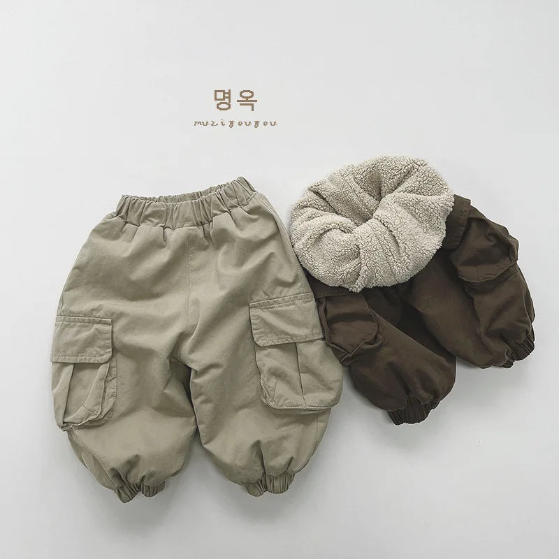 Winter New Children Loose Trousers Plus Velvet Thicken Baby Boy Girls Solid Casual Pants Fashion Kids Fleece Warm Cargo Pants