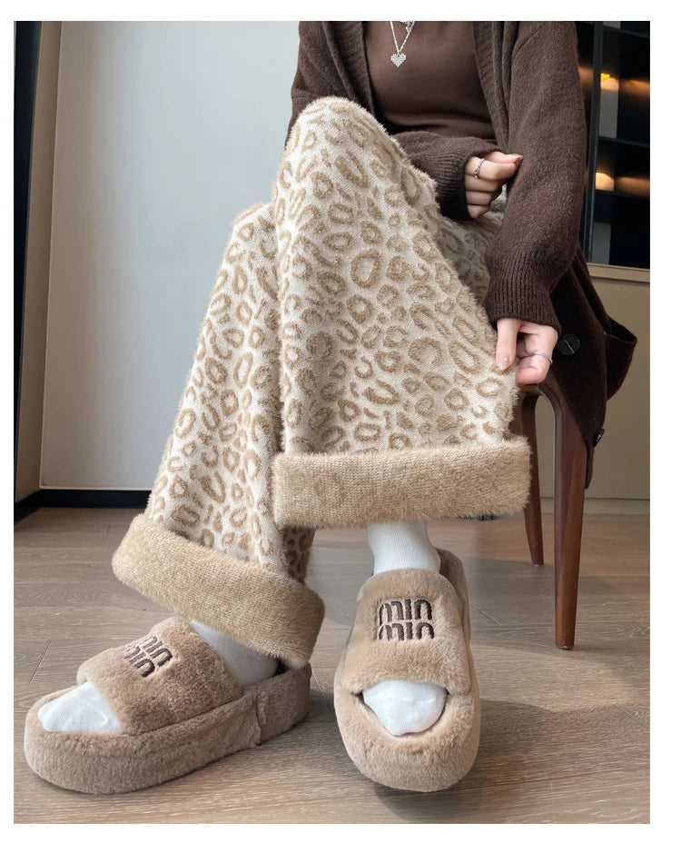 Leopard Print Contrast Color Basic Full Length Wide Leg Pants