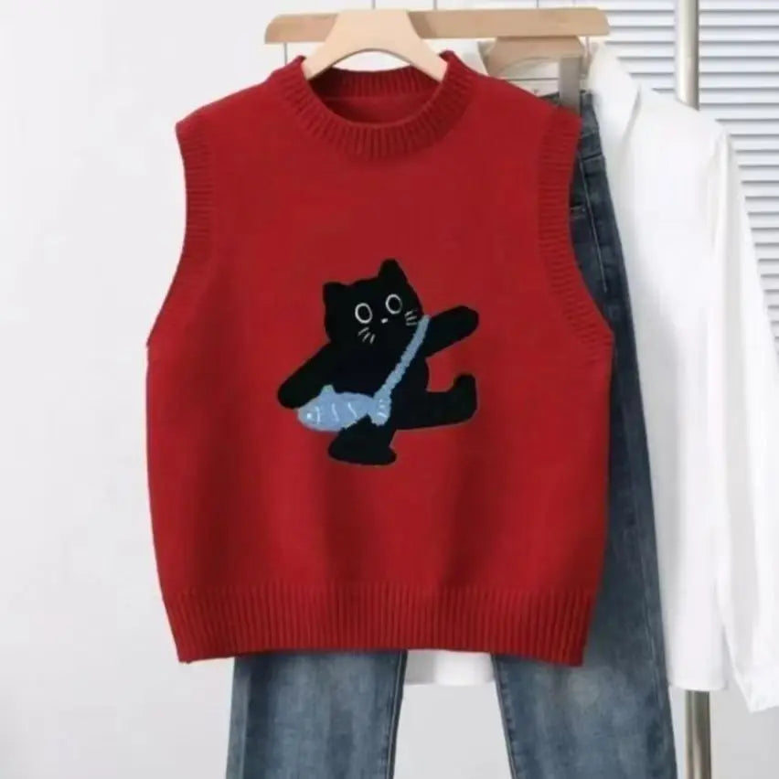 Cartoon Cat Jacquard Preppy Style Sweater Vest