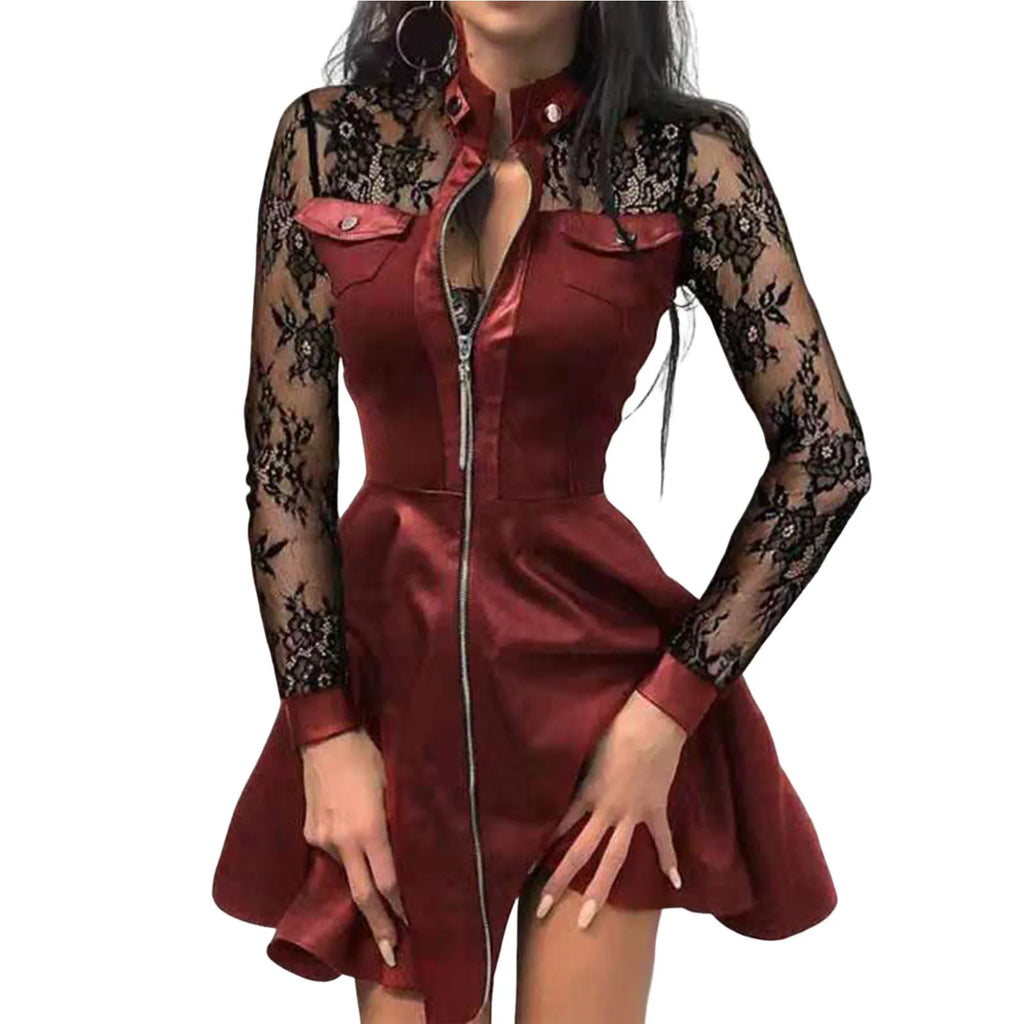 Long Sleeve Zipper Pocket Large Hem Faux Leather Lace Mini Dress