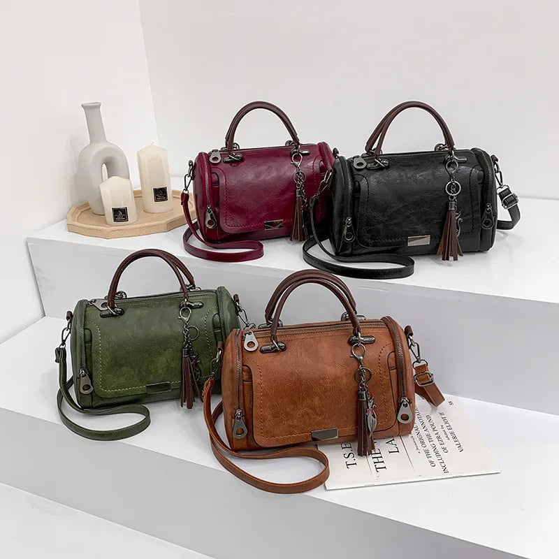Textured Crossbody Satchel with Tassel Charm